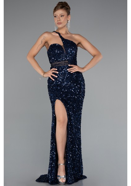 Tek Omuz Bacak Dekolteli Uzun Pullu Abiye ABU5070