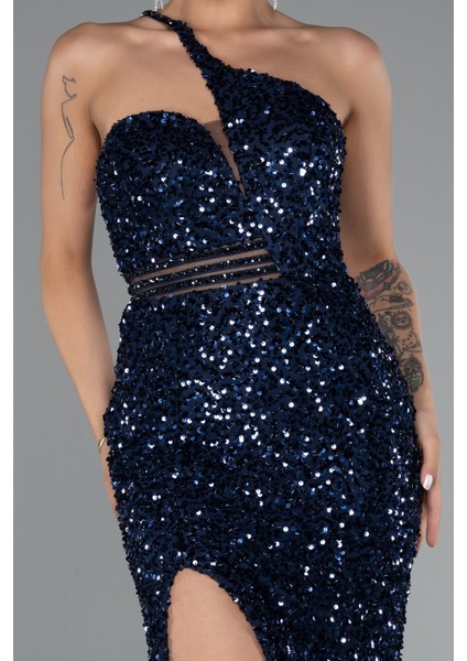 Tek Omuz Bacak Dekolteli Uzun Pullu Abiye ABU5070 modelleri