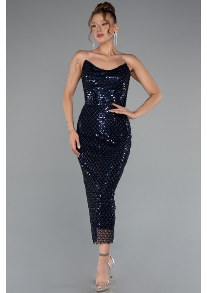 Straplez Midi Pullu Davet Elbisesi ABK2389