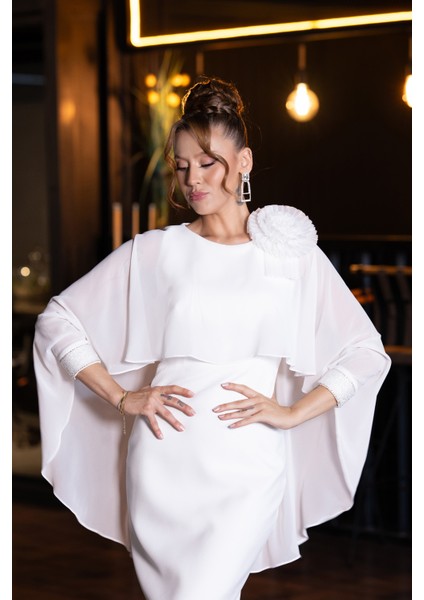 Pelerin Kapri Kol Midi Şifon Davet Elbisesi ABK2382