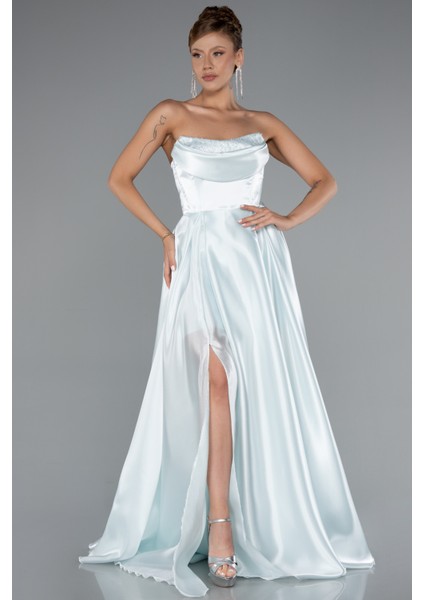 Straplez Bacak Dekolteli Uzun Saten Abiye Elbise ABU5064