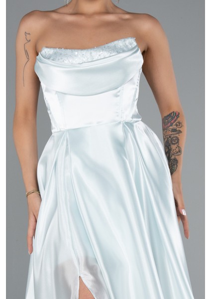 Straplez Bacak Dekolteli Uzun Saten Abiye Elbise ABU5064 modelleri