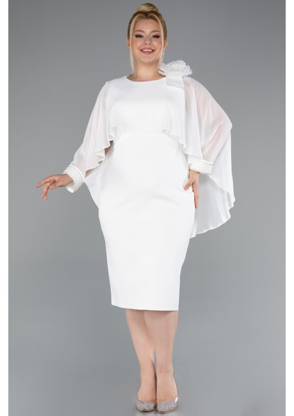 Kapri Kol Midi Şifon Büyük Beden Davet Elbisesi ABK2383