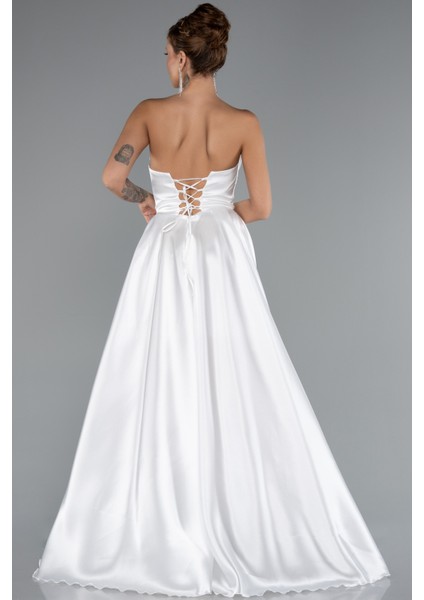 Straplez Bacak Dekolteli Uzun Saten Abiye Elbise ABU5064 fiyatları