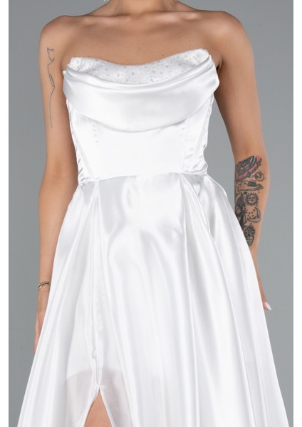 Straplez Bacak Dekolteli Uzun Saten Abiye Elbise ABU5064 modelleri