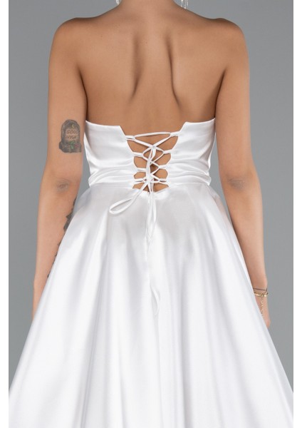 Straplez Bacak Dekolteli Uzun Saten Abiye Elbise ABU5064 fırsatları