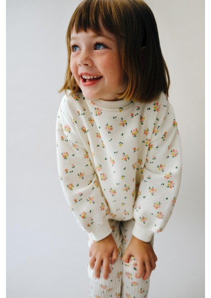 Kız Çocuk Pamuklu Ekru Çiçek Desenli Sweatshirt Ispanyol Paça Tayt Takım