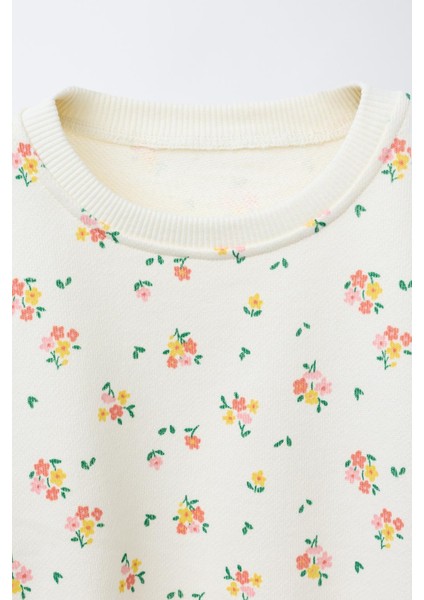 Kız Çocuk Pamuklu Ekru Çiçek Desenli Sweatshirt Ispanyol Paça Tayt Takım fırsatları