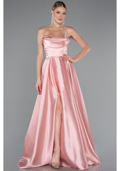 Straplez Bacak Dekolteli Uzun Saten Abiye Elbise ABU5064