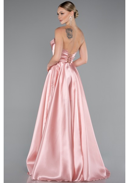 Straplez Bacak Dekolteli Uzun Saten Abiye Elbise ABU5064 fiyatları