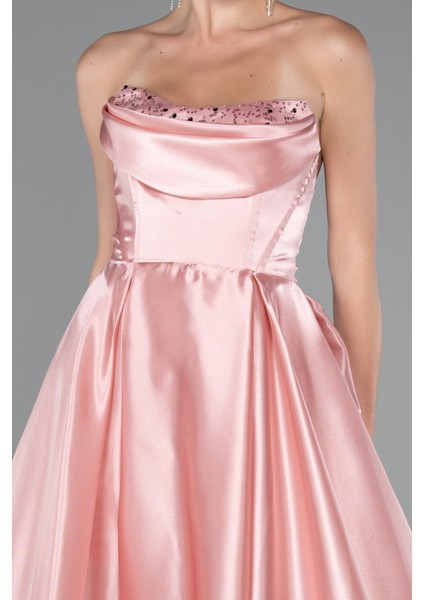 Straplez Bacak Dekolteli Uzun Saten Abiye Elbise ABU5064 modelleri