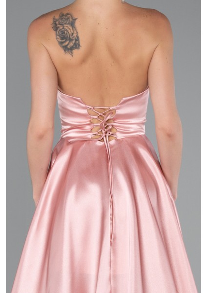 Straplez Bacak Dekolteli Uzun Saten Abiye Elbise ABU5064 fırsatları