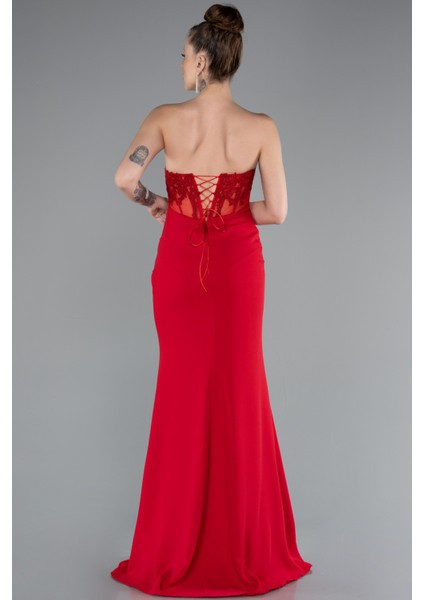 Straplez Güpür Aplikeli Yırtmaçlı Uzun Abiye Elbise ABU5001 fiyatları