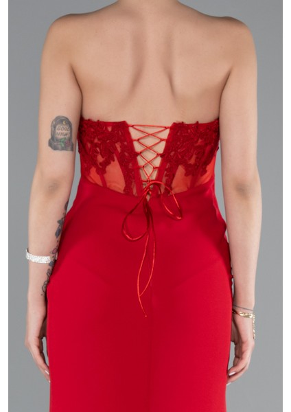 Straplez Güpür Aplikeli Yırtmaçlı Uzun Abiye Elbise ABU5001 fırsatları