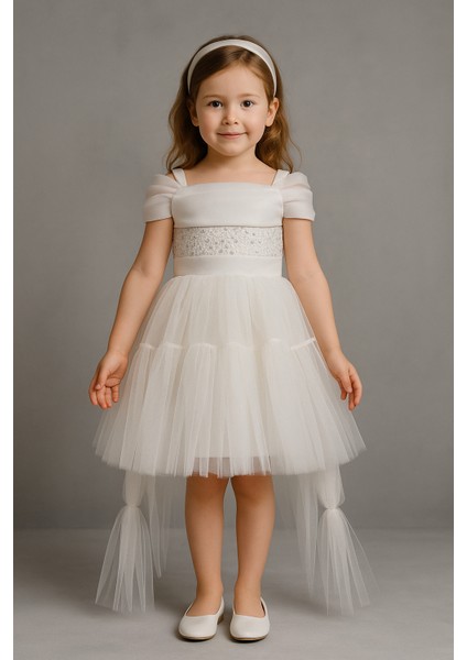 Kız Çocuk Beyaz Abiye Elbise - Önden Kısa Arkadan Uzun Tül Etekli Inci Taşlı Model fiyatları