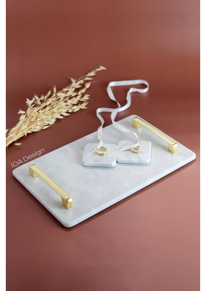 Nergis - Gerçek Mermer Söz/nişan Tepsisi (32X20 Cm) + 2 Adet Çıkarılabilir Yüzüklük - Altın Kulp