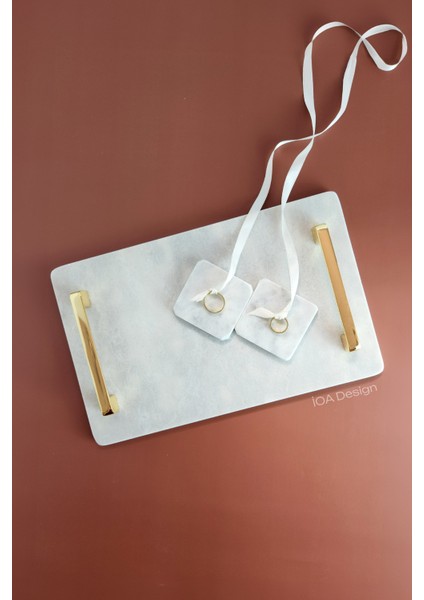 Nergis - Gerçek Mermer Söz/nişan Tepsisi (32X20 Cm) + 2 Adet Çıkarılabilir Yüzüklük - Altın Kulp fiyatları