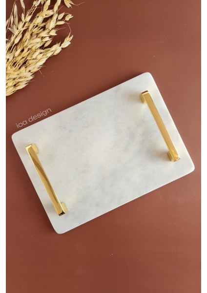 Nergis Gerçek Ince Mermer Damat Kahvesi Tepsisi 28X20 cm - Altın Kulp