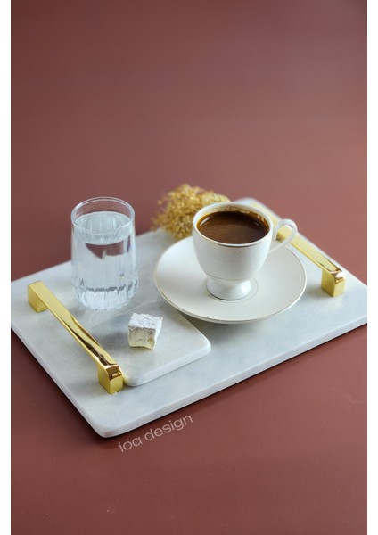 Nergis Gerçek Ince Mermer Damat Kahvesi Tepsisi 28X20 cm - Altın Kulp modelleri