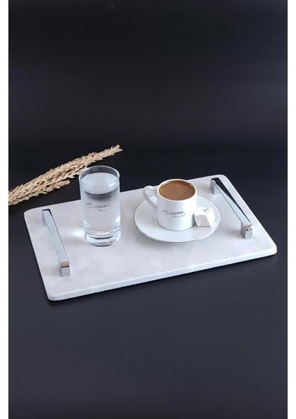 Nergis - Gerçek Mermer Söz/nişan Tepsisi (32X20 Cm) + 2 Adet Çıkarılabilir Yüzüklük - Gümüş Kulp fırsatları
