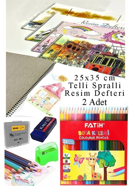24 Renk Fatih Kuru Boya 25X35 cm Telli Spralli Resim Defteri Hamur Silgi Kalemtraş 15 Yaprak Resim Defteri Kuruboya