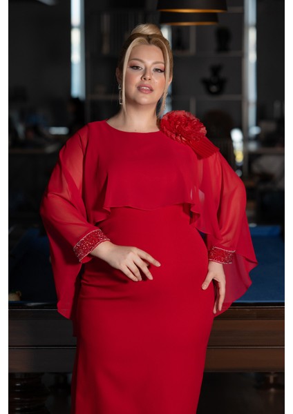 Kapri Kol Midi Şifon Büyük Beden Davet Elbisesi ABK2383