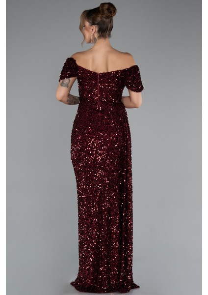 Kayık Yaka Bacak Dekolteli Uzun Pullu Abiye Elbise ABU4843 fiyatları