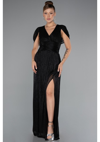 Kısa Kol Bacak Dekolteli Uzun Simli Abiye ABU5098