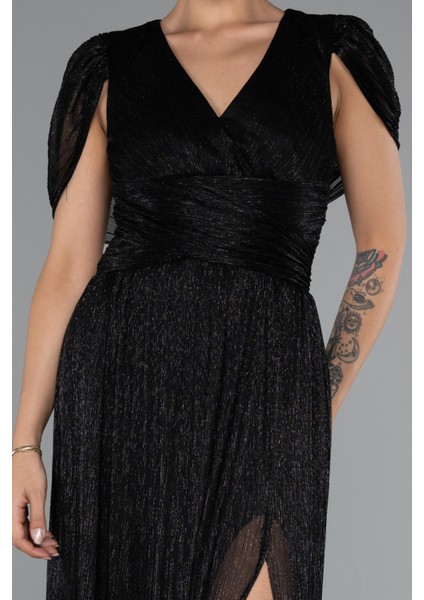 Kısa Kol Bacak Dekolteli Uzun Simli Abiye ABU5098 modelleri