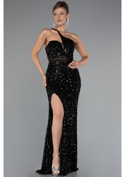 Tek Omuz Bacak Dekolteli Uzun Pullu Abiye ABU5070