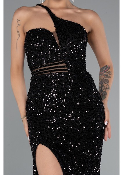 Tek Omuz Bacak Dekolteli Uzun Pullu Abiye ABU5070 modelleri