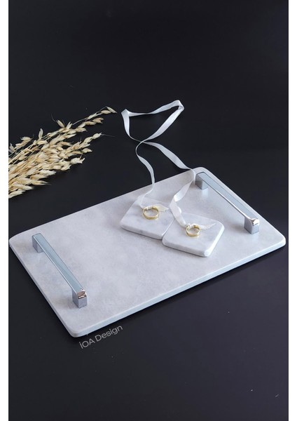 Nergis - Gerçek Mermer Söz/nişan Tepsisi (32X20 Cm) + 2 Adet Çıkarılabilir Yüzüklük - Gümüş Kulp