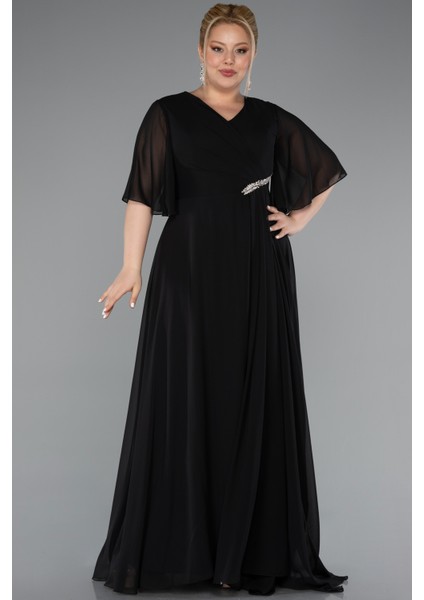 Kısa Kol V Yaka Uzun Şifon Büyük Beden Abiye ABU5051