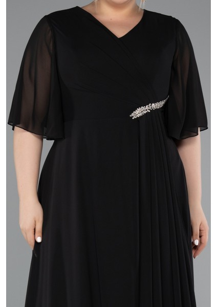 Kısa Kol V Yaka Uzun Şifon Büyük Beden Abiye ABU5051 modelleri