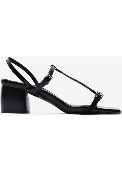 Siyah Rugan Ince Bantlı Kadın Kalın Topuklu Ayakkabı
