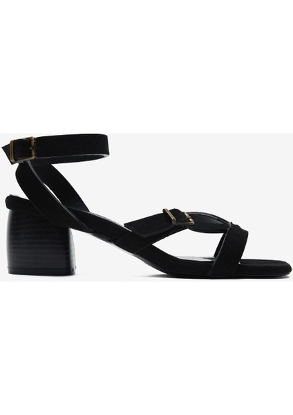 Siyah Süet Bilek Bağ Detaylı Kadın Kalın Topuklu Ayakkabı