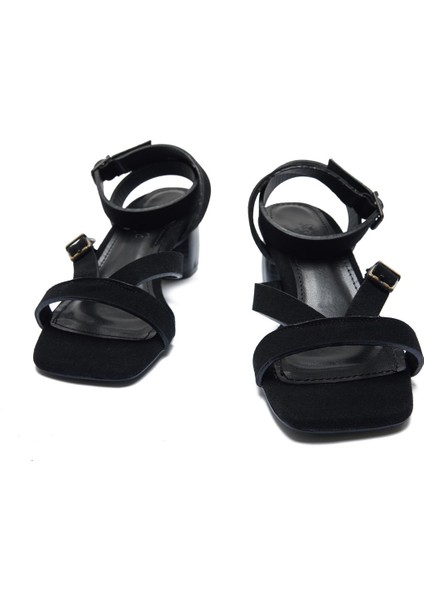 Siyah Süet Bilek Bağ Detaylı Kadın Kalın Topuklu Ayakkabı