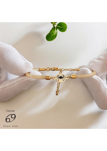 14 Ayar Altın Plakalı Yengeç Burçlarına Özel Hasır Kordonlu Oval Motifli Hediye BILEKLIK-415BURÇ
