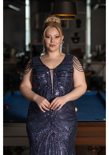 Kısa Kol V Yaka Uzun Pul Payet Büyük Beden Abiye ABU4952