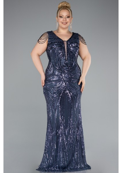 Kısa Kol V Yaka Uzun Pul Payet Büyük Beden Abiye ABU4952 fiyatları