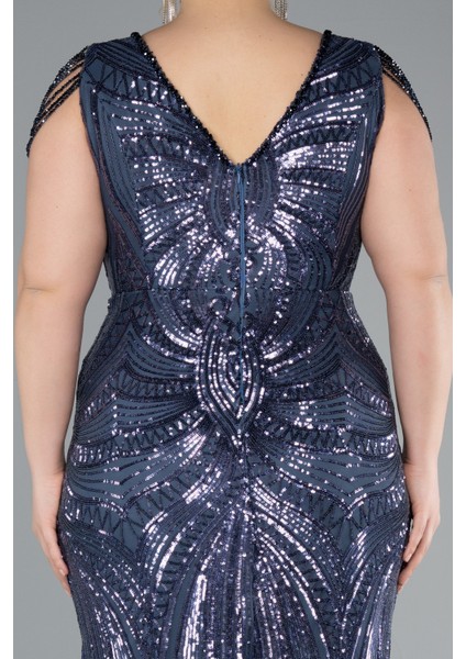 Kısa Kol V Yaka Uzun Pul Payet Büyük Beden Abiye ABU4952 indirimleri