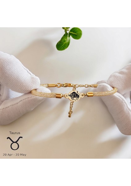 14 Ayar Plakalı Altın Boğa Burçlarına Özel Oval Motifli Hasır Kordonlu Hediye BILEKLIK-415BURÇ