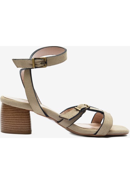 Bej Süet Bilek Bağ Detaylı Kadın Kalın Topuklu Ayakkabı