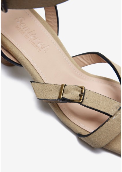 Bej Süet Bilek Bağ Detaylı Kadın Kalın Topuklu Ayakkabı modelleri