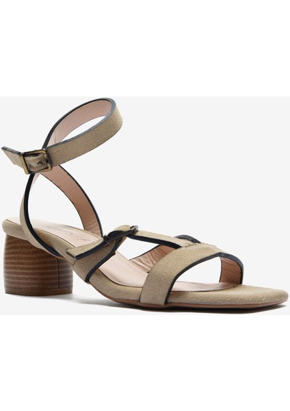 Bej Süet Bilek Bağ Detaylı Kadın Kalın Topuklu Ayakkabı fırsatları