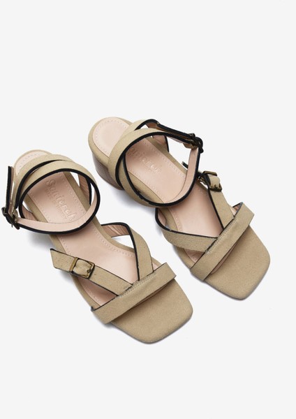 Bej Süet Bilek Bağ Detaylı Kadın Kalın Topuklu Ayakkabı indirimleri