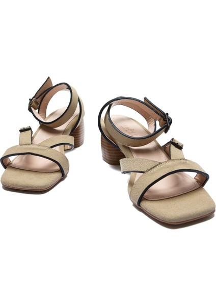 Bej Süet Bilek Bağ Detaylı Kadın Kalın Topuklu Ayakkabı