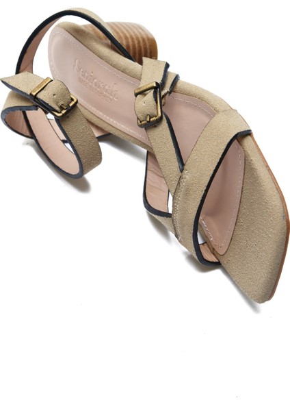 Bej Süet Bilek Bağ Detaylı Kadın Kalın Topuklu Ayakkabı