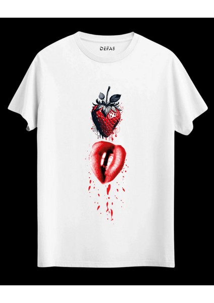 Çilek Dudak Unisex Beyaz Baskılı Tshirt