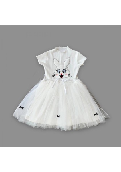 Zarif Tavşan Desenli Beyaz Kız Çocuk Elbisesi fiyatları